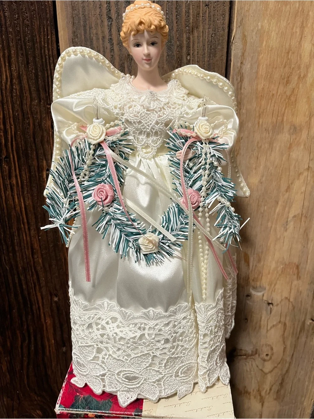 Holiday Angel Tree Topper in Ivory with Pink Accents